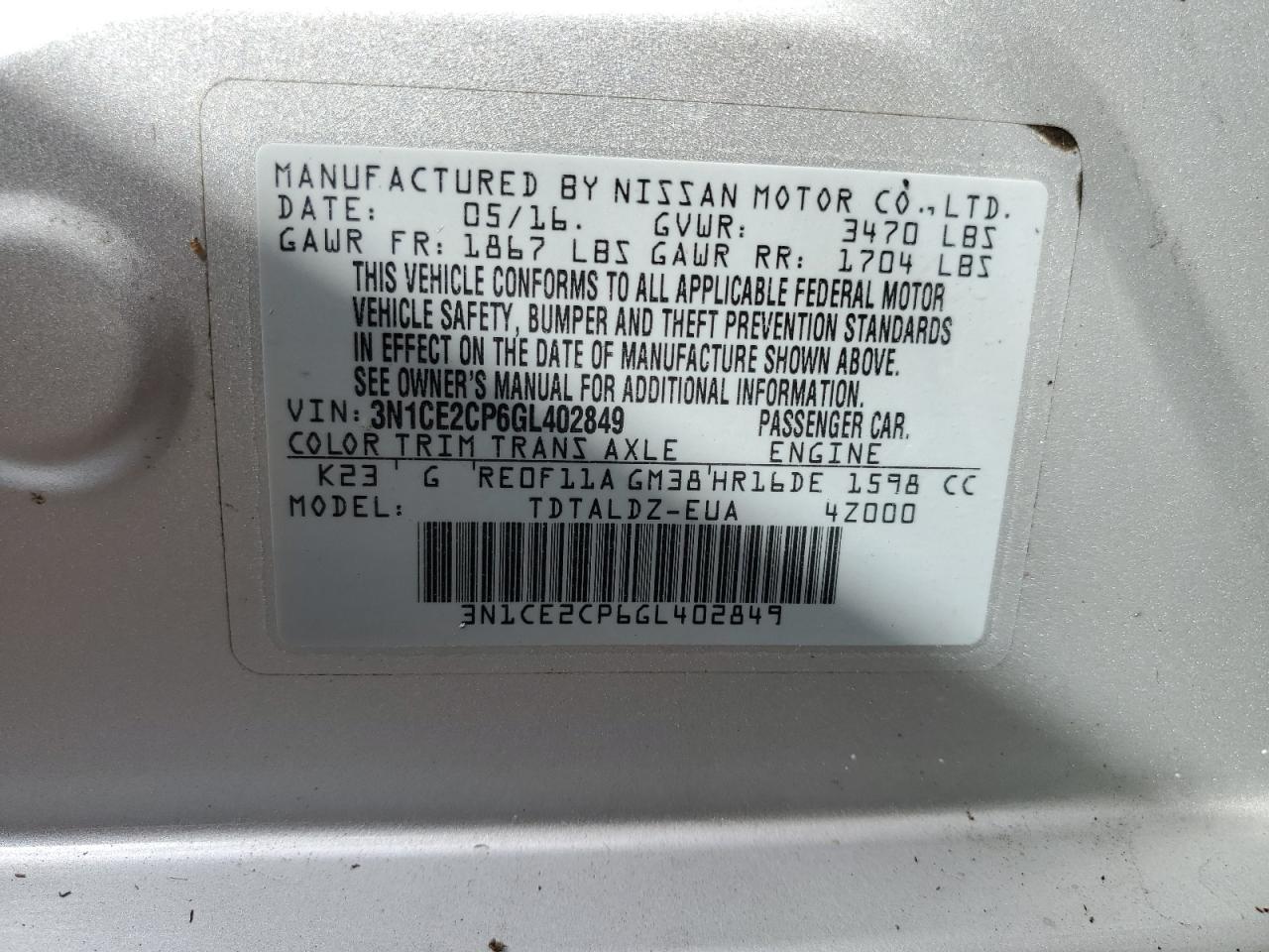 2016 Nissan Versa Note S VIN: 3N1CE2CP6GL402849 Lot: 74075604