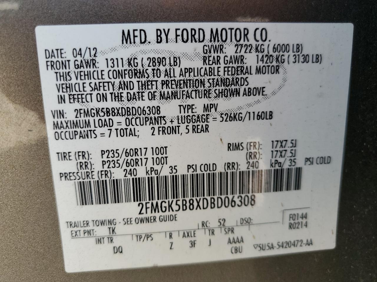 2FMGK5B8XDBD06308 2013 Ford Flex Se