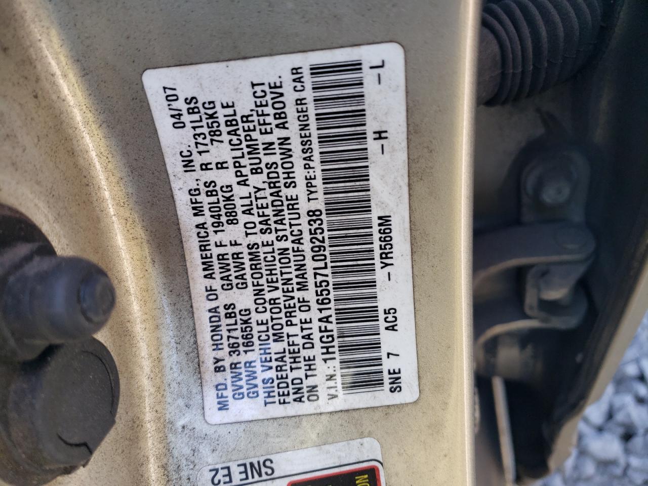 1HGFA16557L092538 2007 Honda Civic Lx