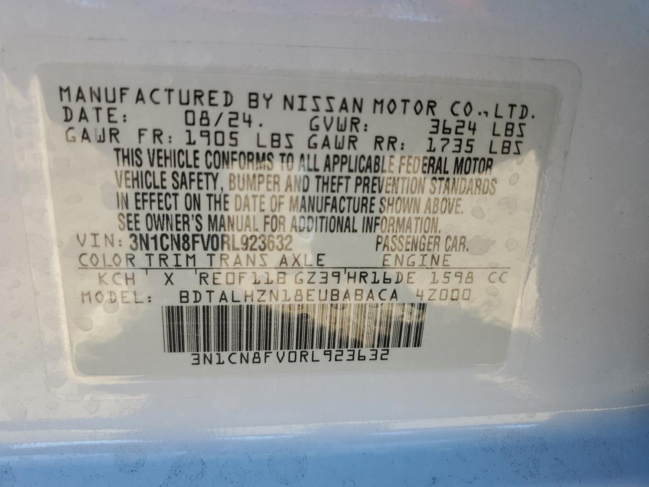 2024 Nissan Versa Sr VIN: 3N1CN8FV0RL923632 Lot: 77233904