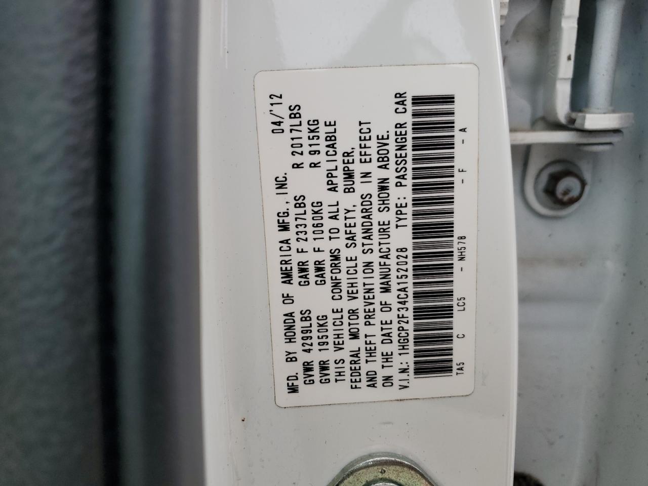 1HGCP2F34CA152028 2012 Honda Accord Lx