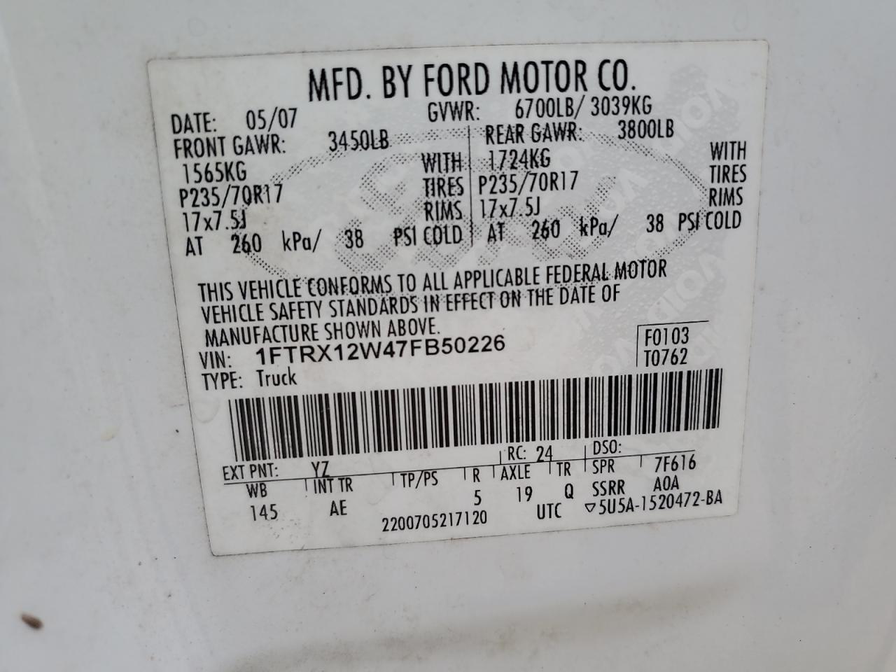 1FTRX12W47FB50226 2007 Ford F150