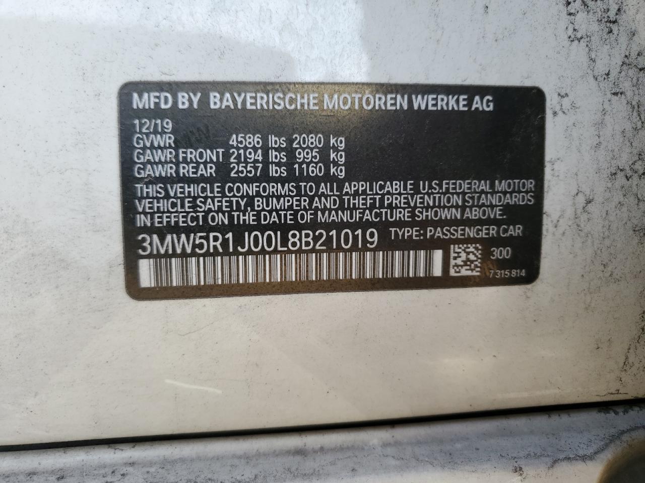 2020 BMW 330I VIN: 3MW5R1J00L8B21019 Lot: 77596024