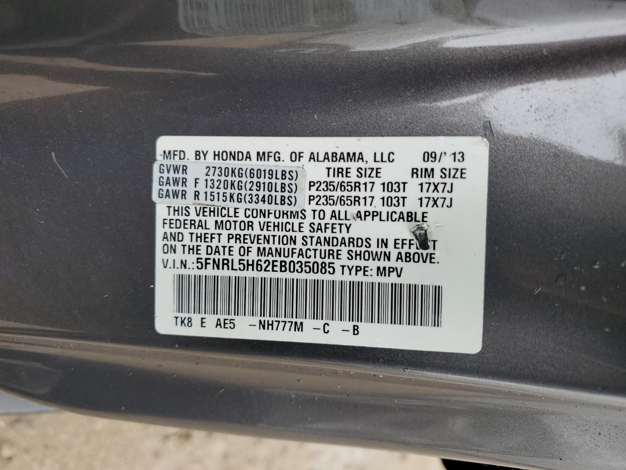 5FNRL5H62EB035085 2014 Honda Odyssey Exl