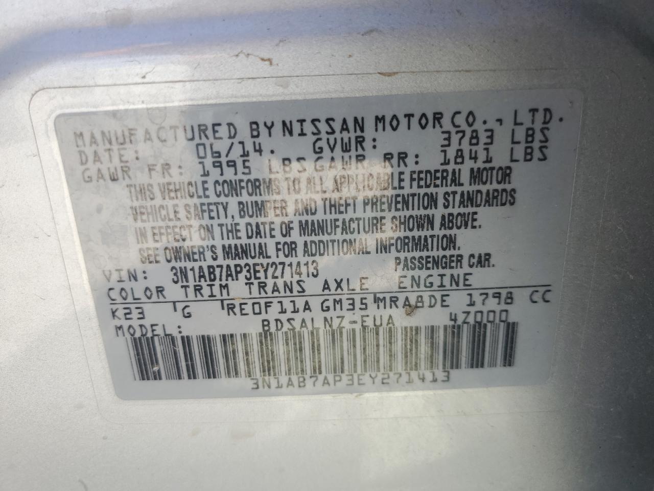 3N1AB7AP3EY271413 2014 Nissan Sentra S