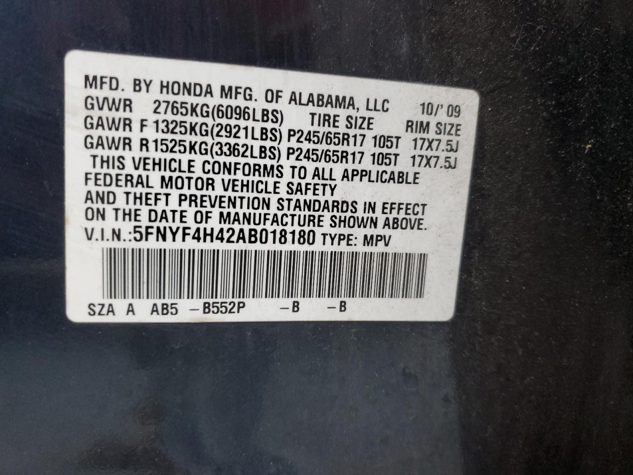 5FNYF4H42AB018180 2010 Honda Pilot Ex