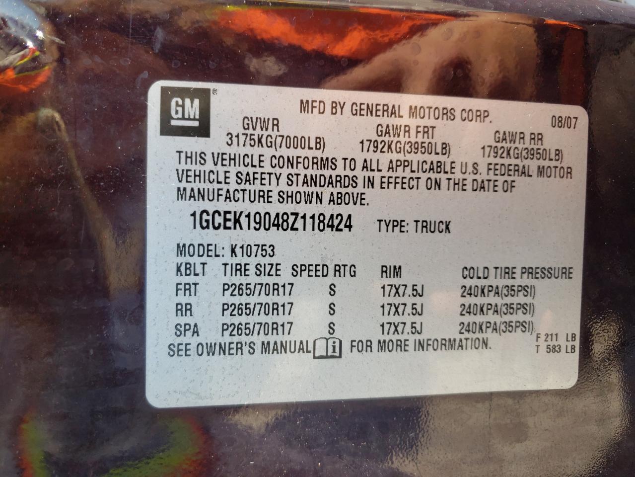 2008 Chevrolet Silverado K1500 VIN: 1GCEK19048Z118424 Lot: 75701804