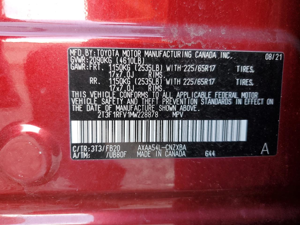 2T3F1RFV1MW228878 2021 Toyota Rav4 Le