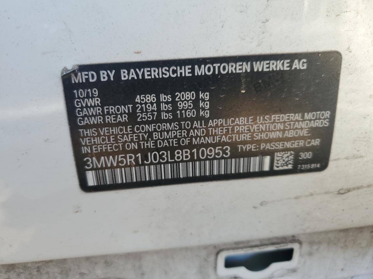 3MW5R1J03L8B10953 2020 BMW 330I