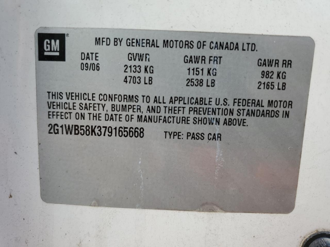 2007 Chevrolet Impala Ls VIN: 2G1WB58K379165668 Lot: 74130114