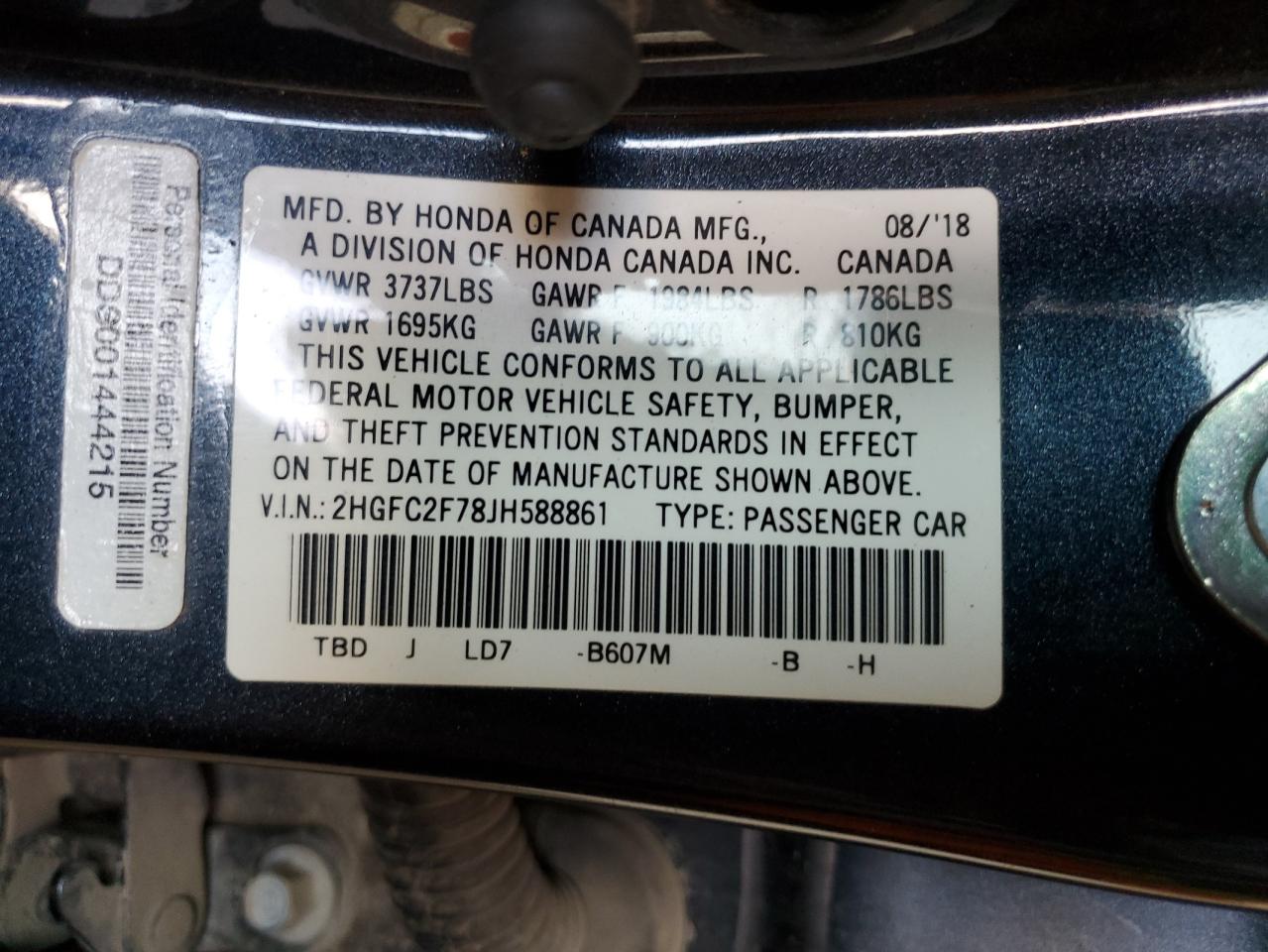 2HGFC2F78JH588861 2018 Honda Civic Ex