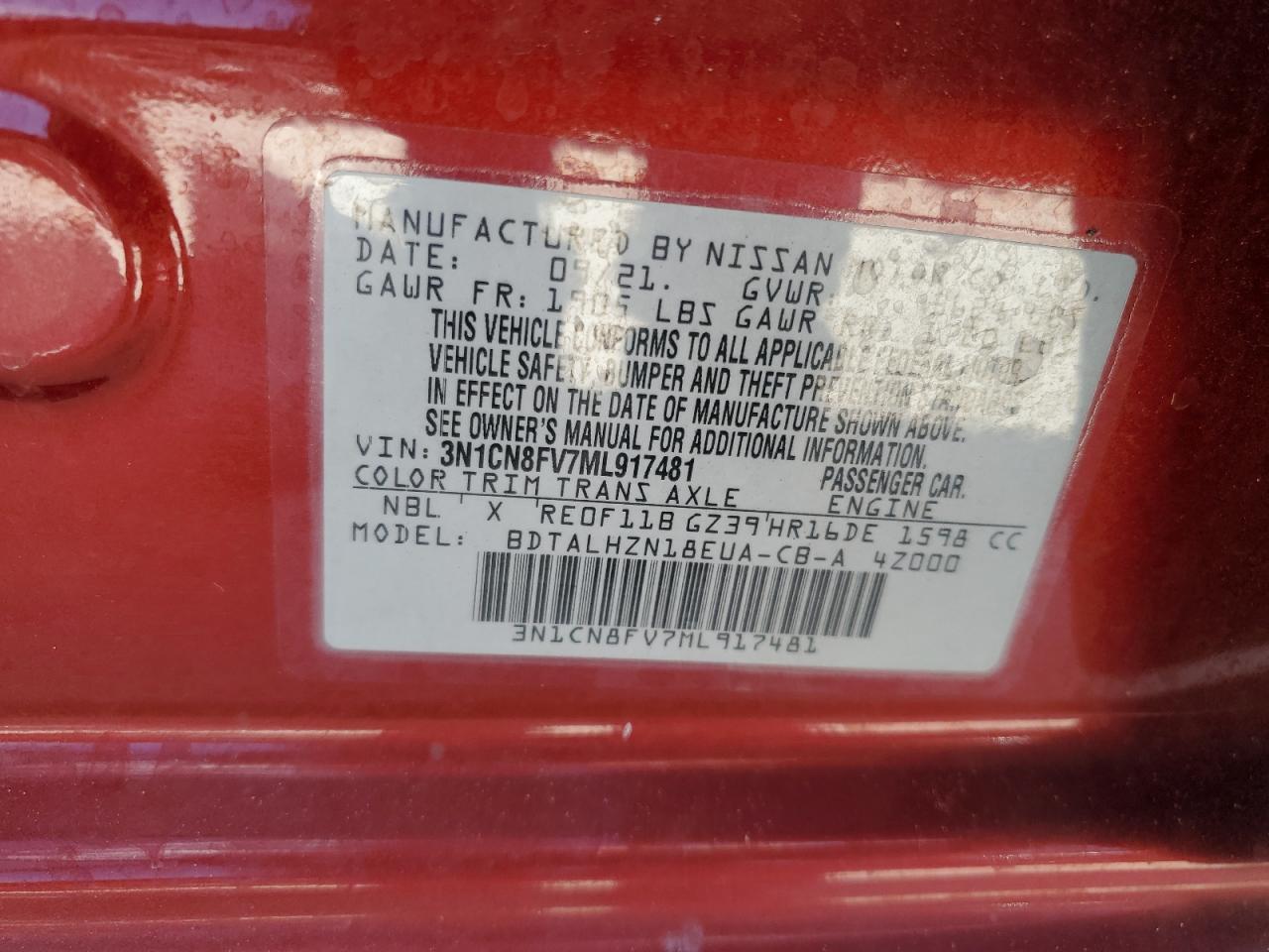 2021 Nissan Versa Sr VIN: 3N1CN8FV7ML917481 Lot: 76608874