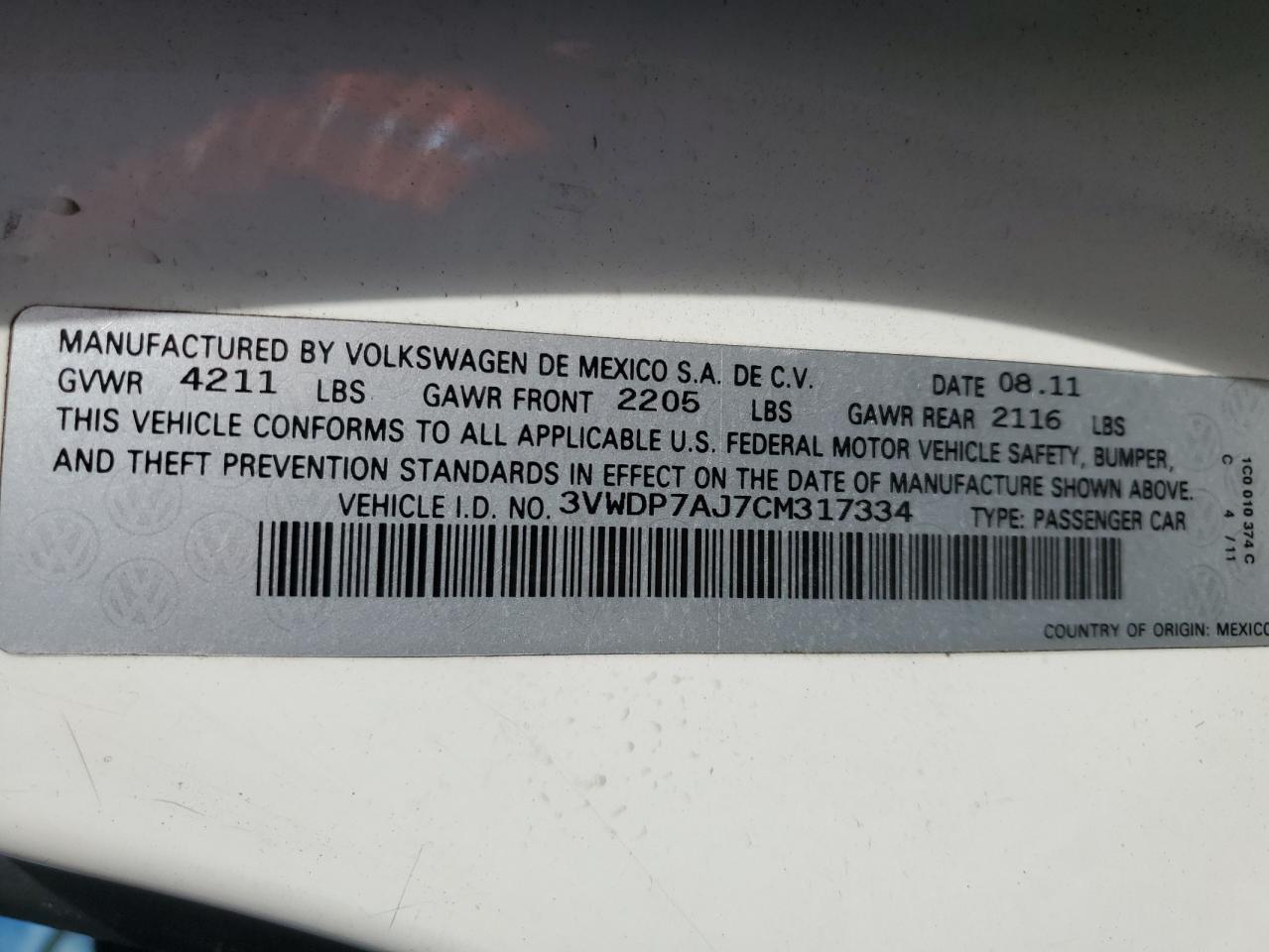 2012 Volkswagen Jetta Se VIN: 3VWDP7AJ7CM317334 Lot: 75738264