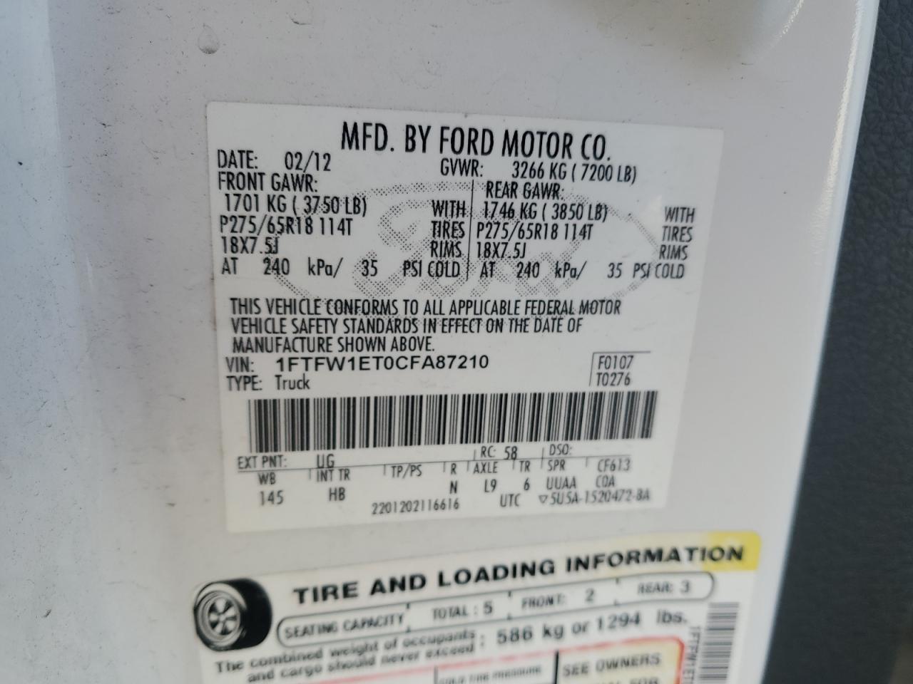 2012 Ford F150 Supercrew VIN: 1FTFW1ET0CFA87210 Lot: 77964864