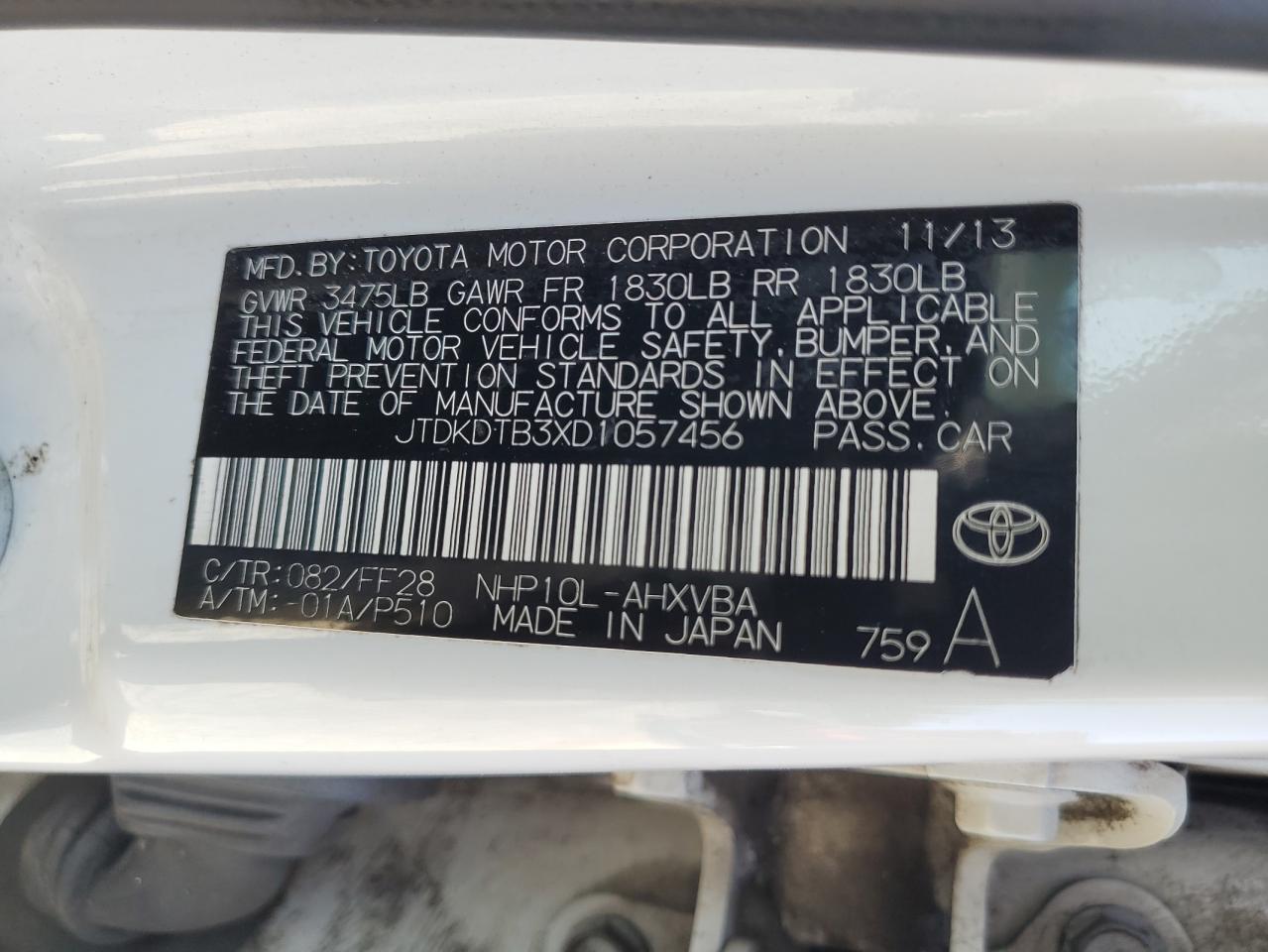 2013 Toyota Prius C VIN: JTDKDTB3XD1057456 Lot: 76564644