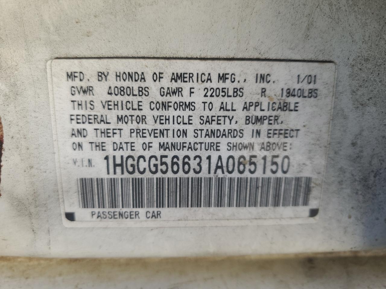 2001 Honda Accord Ex VIN: 1HGCG56631A065150 Lot: 73734774