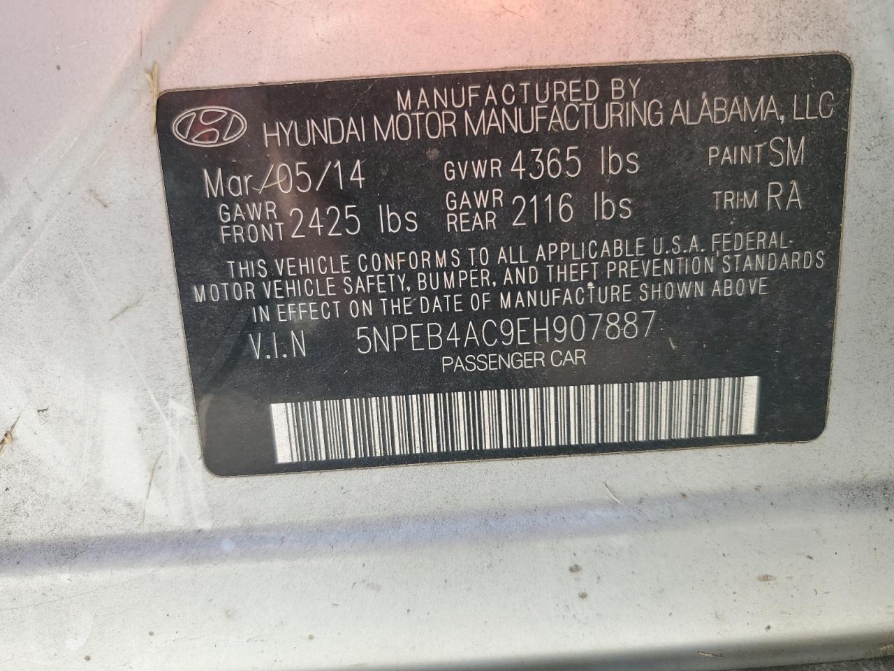 5NPEB4AC9EH907887 2014 Hyundai Sonata Gls