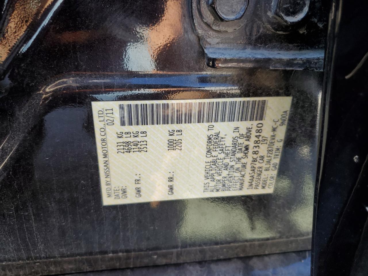 1N4AA5AP7BC838480 2011 Nissan Maxima S