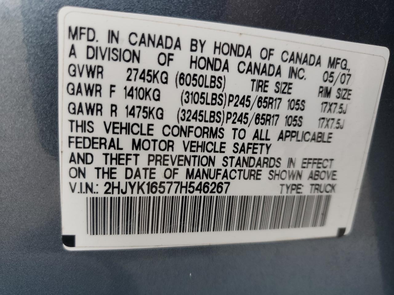 2HJYK16577H546267 2007 Honda Ridgeline Rtl