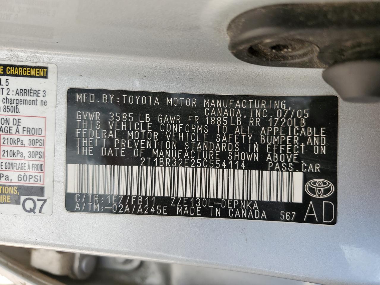 2005 Toyota Corolla Ce VIN: 2T1BR32E25C554114 Lot: 76464854