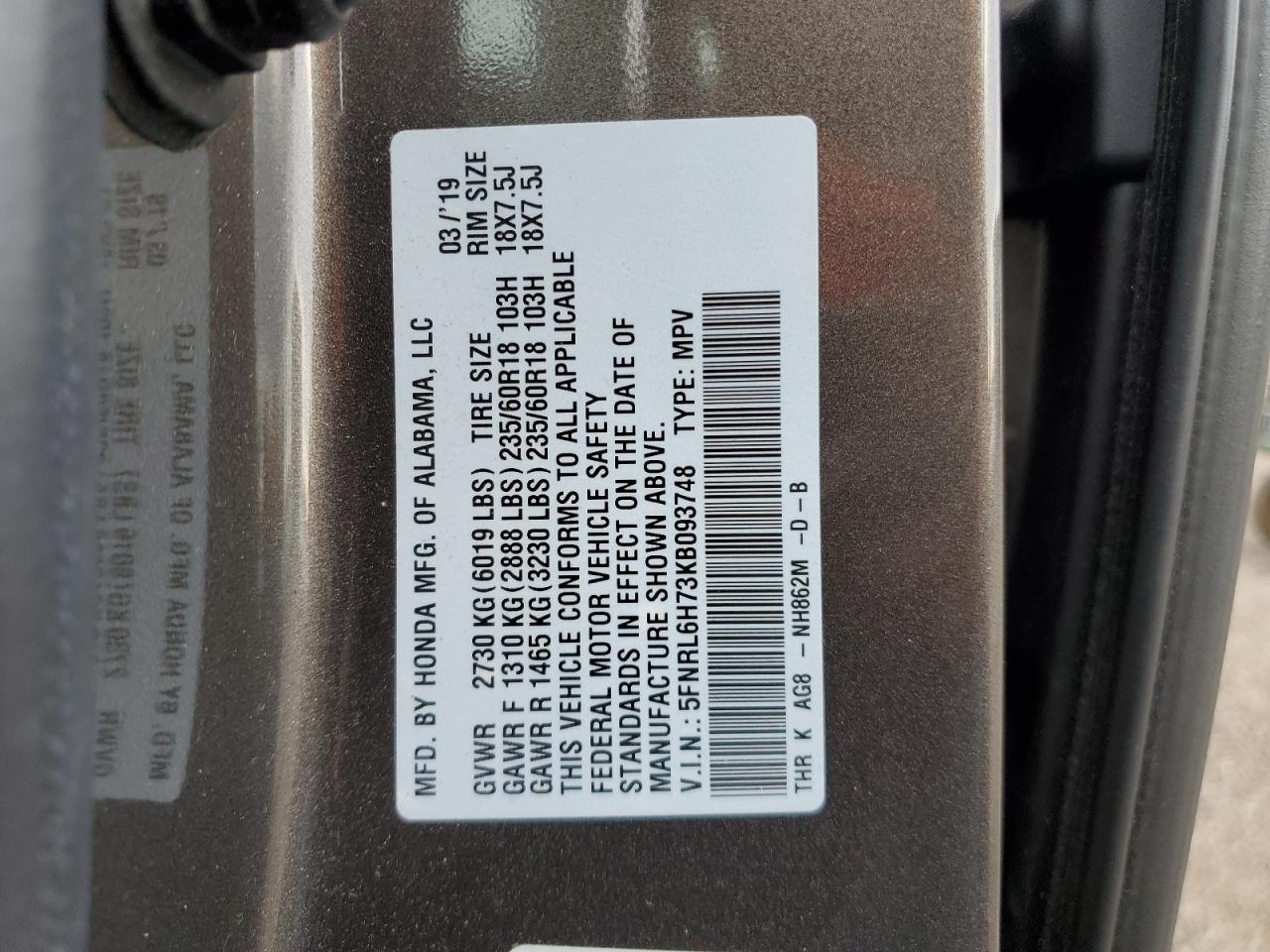 5FNRL6H73KB093748 2019 Honda Odyssey Exl