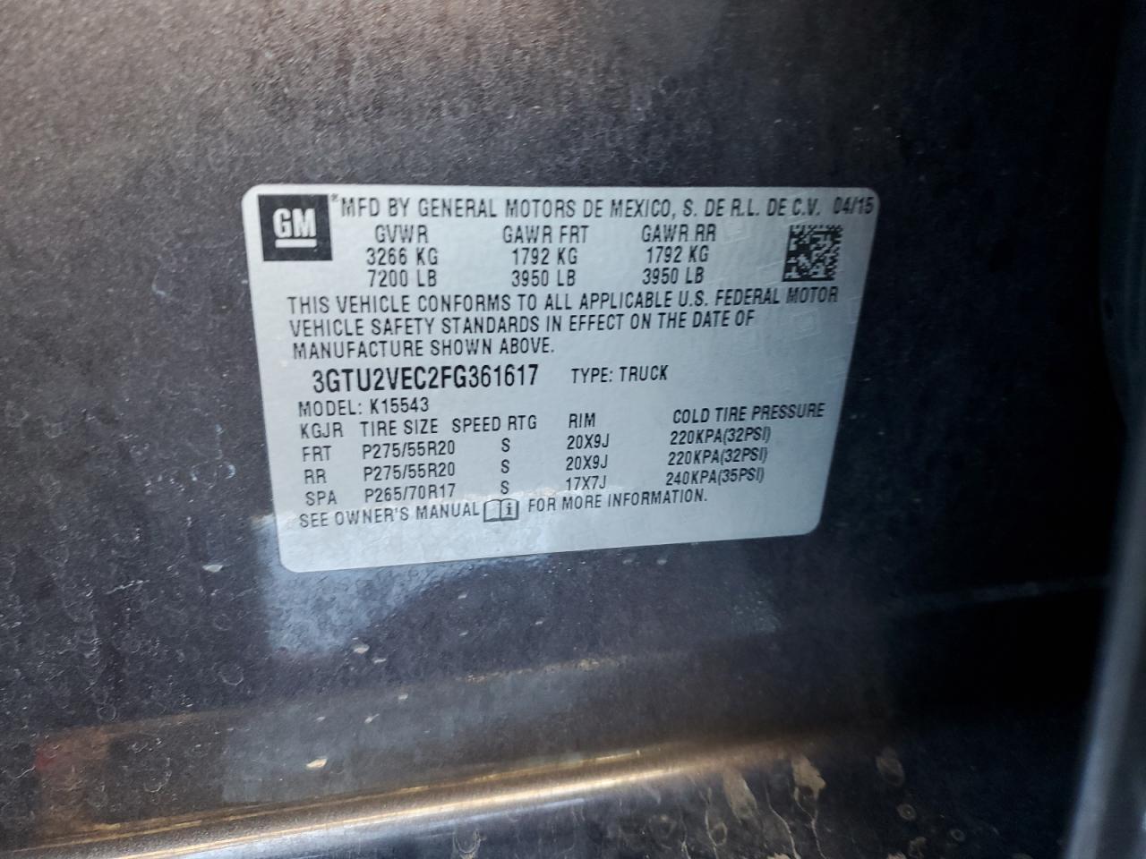 3GTU2VEC2FG361617 2015 GMC Sierra K1500 Slt