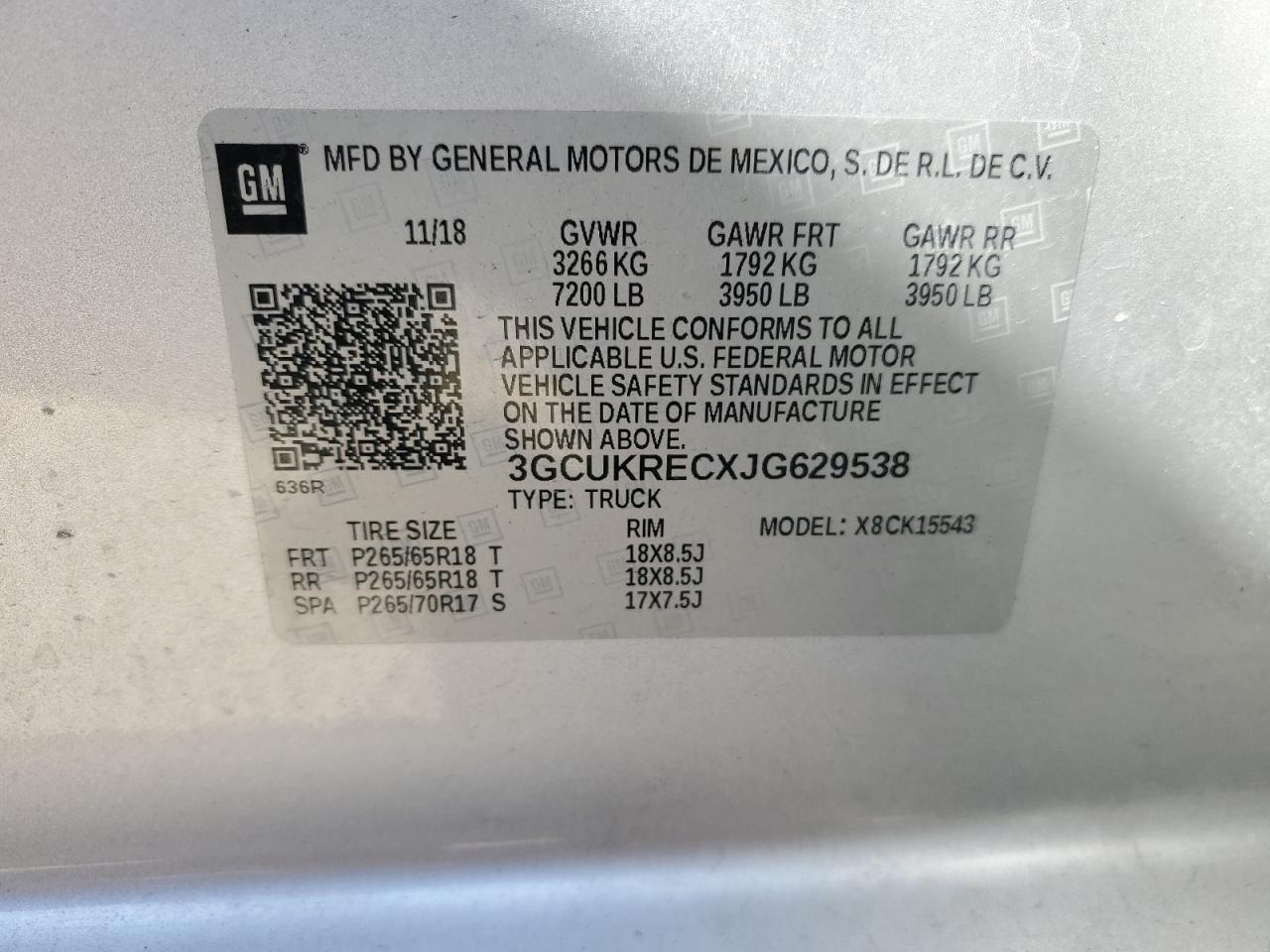 3GCUKRECXJG629538 2018 Chevrolet Silverado K1500 Lt