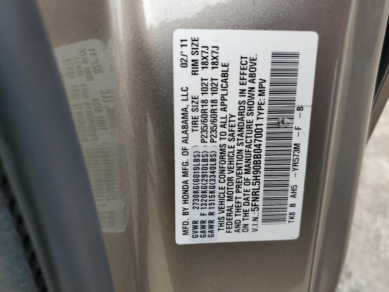 2011 Honda Odyssey Touring VIN: 5FNRL5H90BB047001 Lot: 74360954