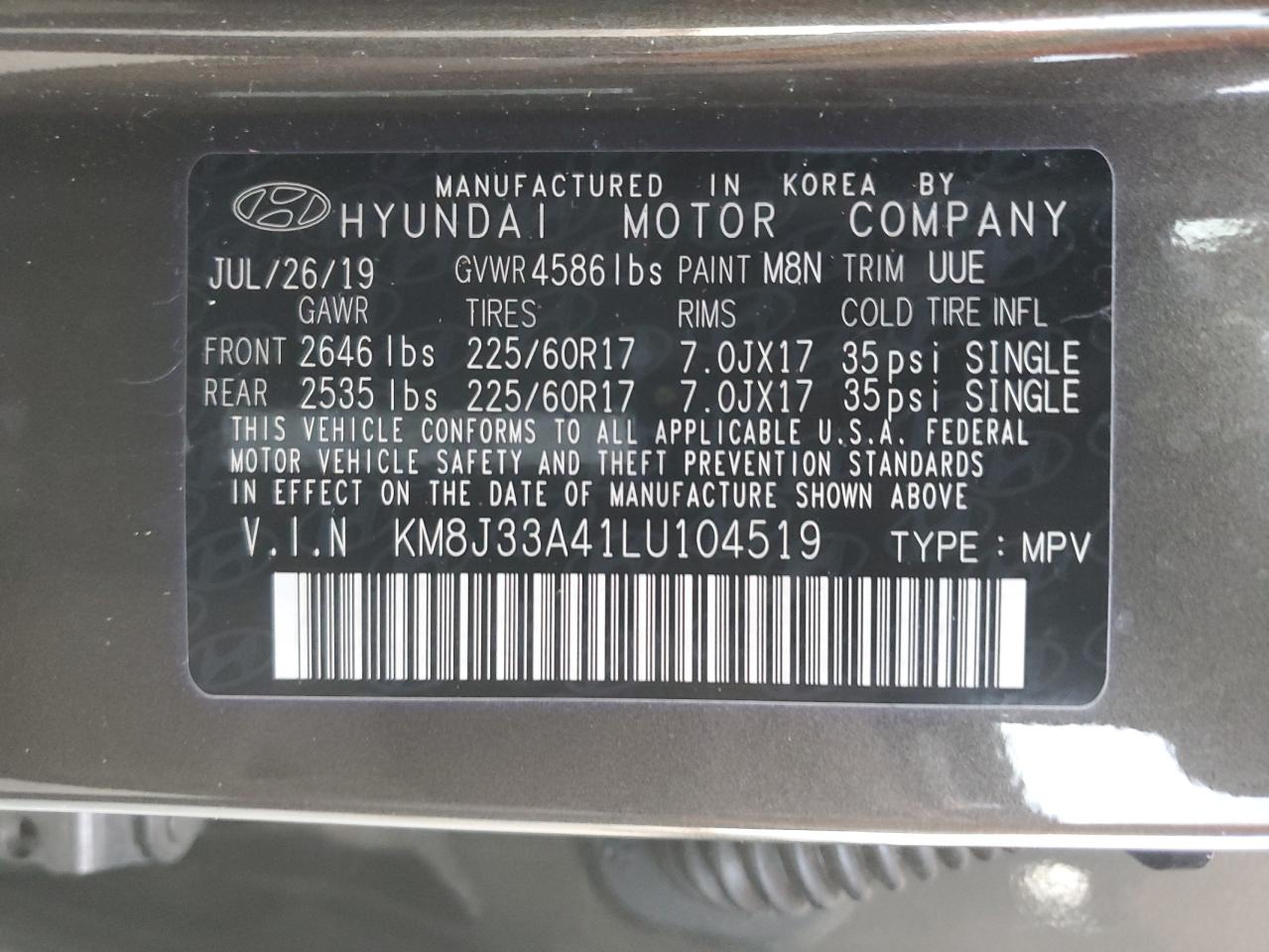 2020 Hyundai Tucson Limited VIN: KM8J33A41LU104519 Lot: 75510534