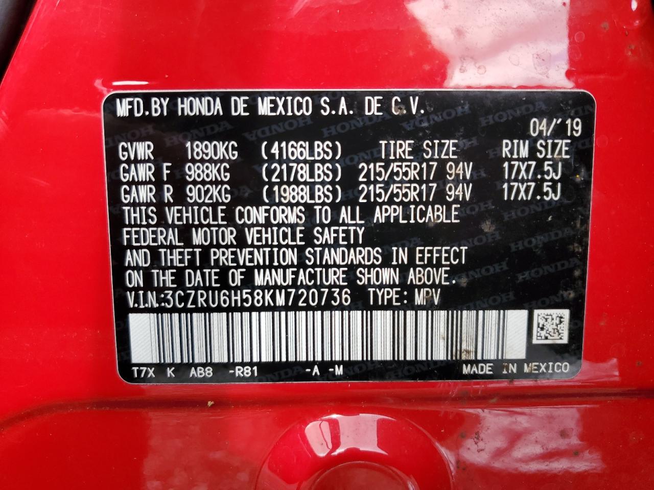 3CZRU6H58KM720736 2019 Honda Hr-V Ex