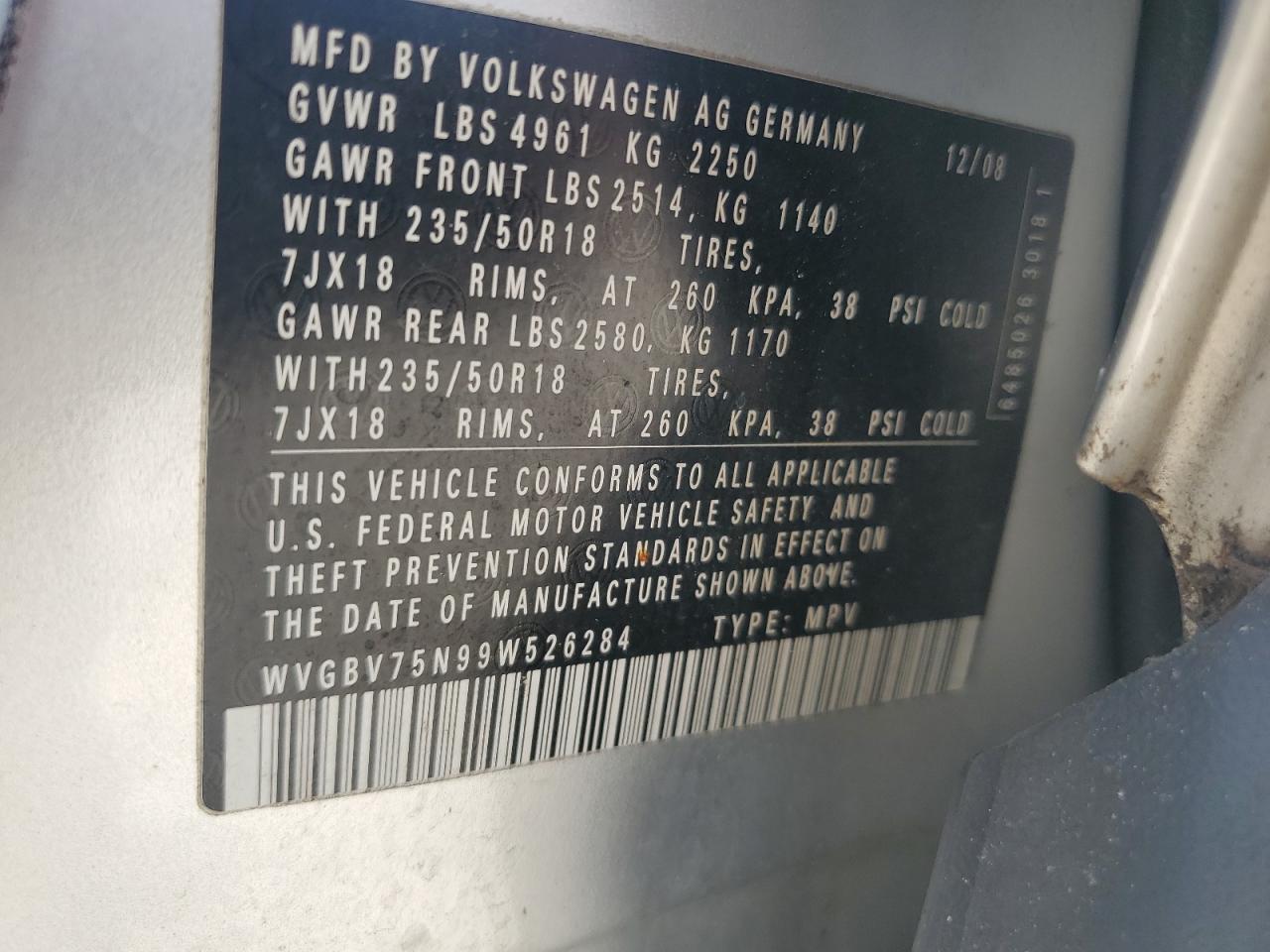 WVGBV75N99W526284 2009 Volkswagen Tiguan Se