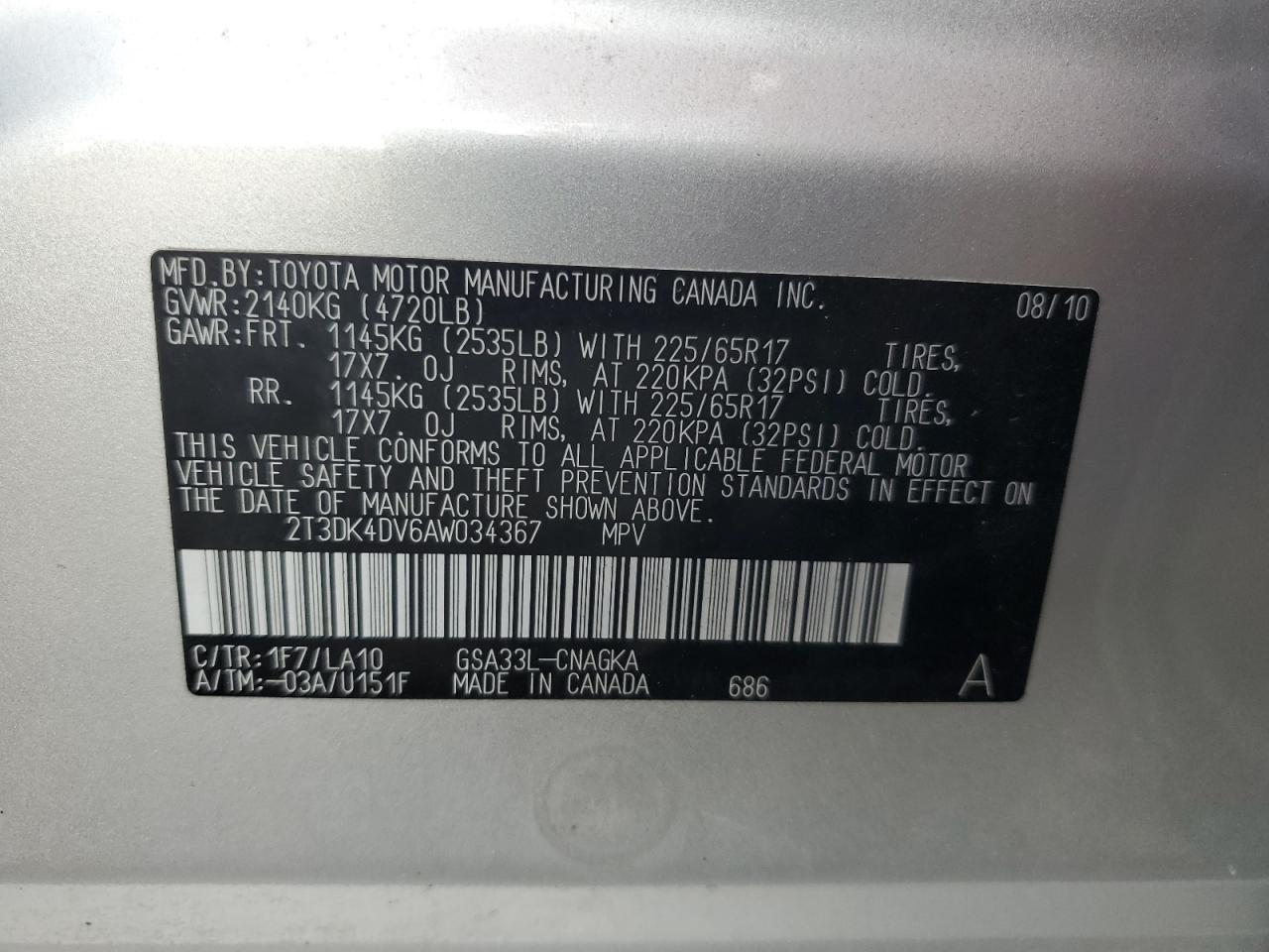 2010 Toyota Rav4 Limited VIN: 2T3DK4DV6AW034367 Lot: 77076804