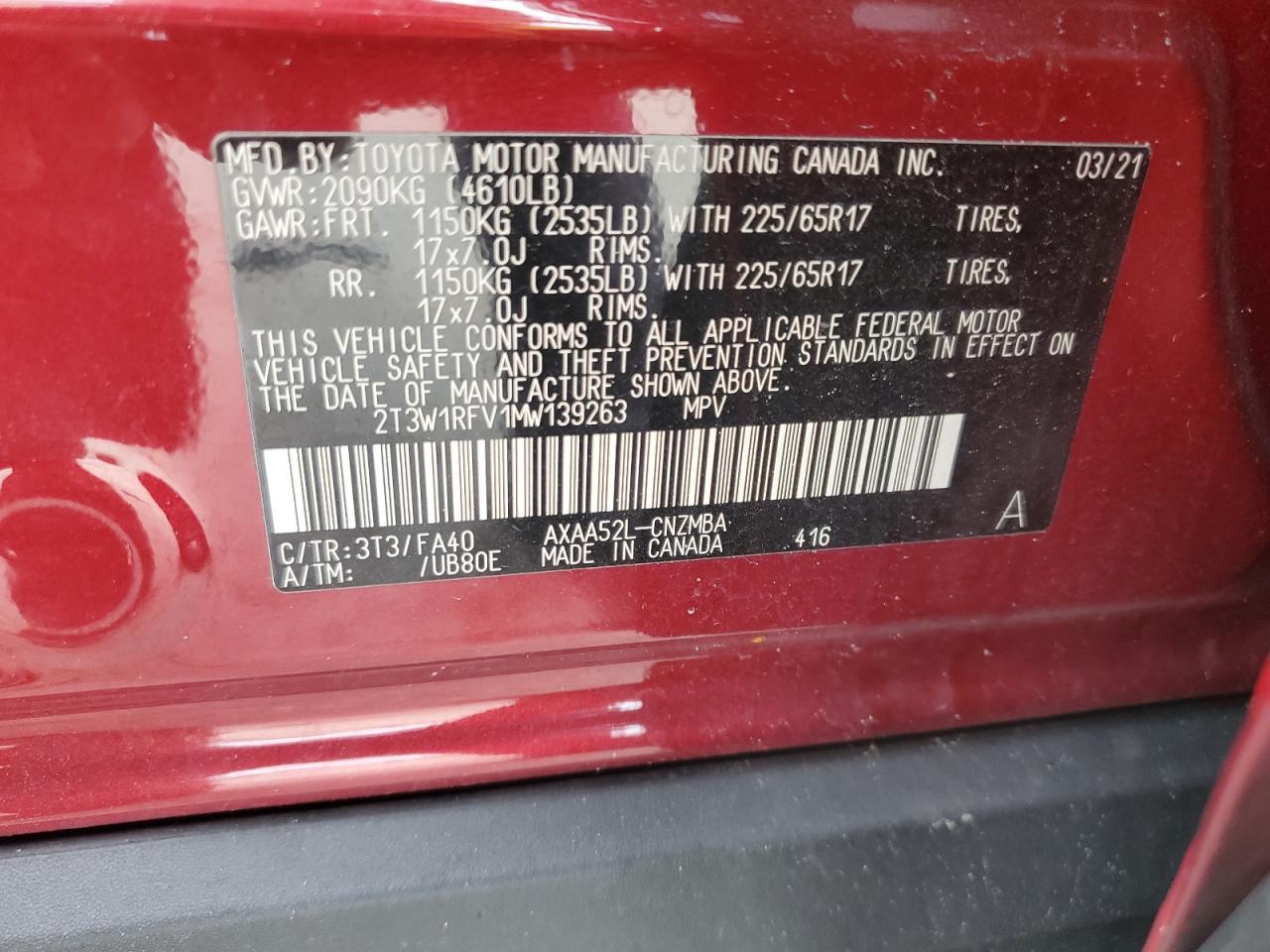 VIN 2T3W1RFV1MW139263 2021 TOYOTA RAV4 no.13