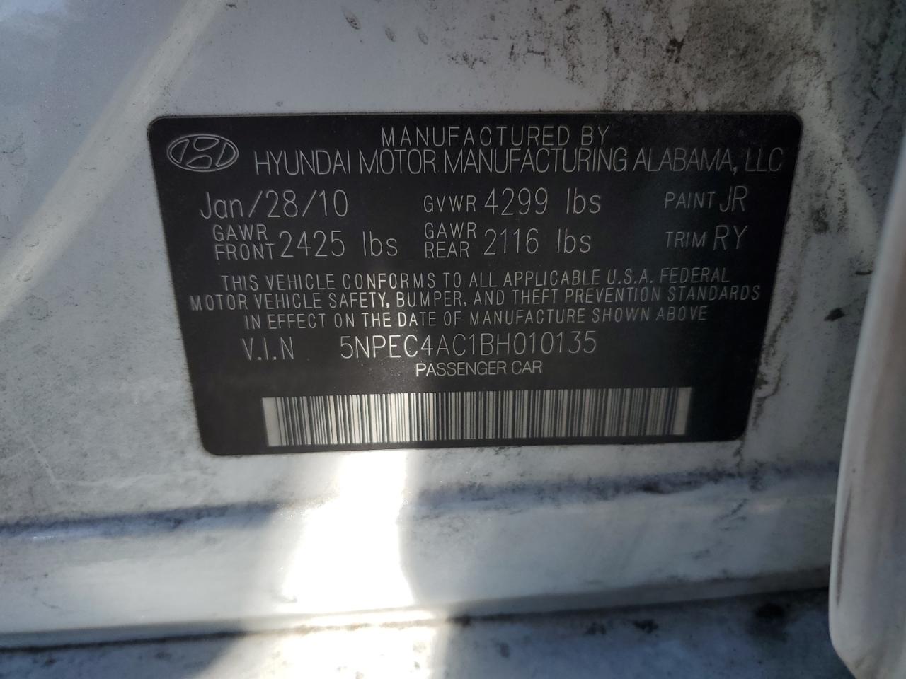 5NPEC4AC1BH010135 2011 Hyundai Sonata Se