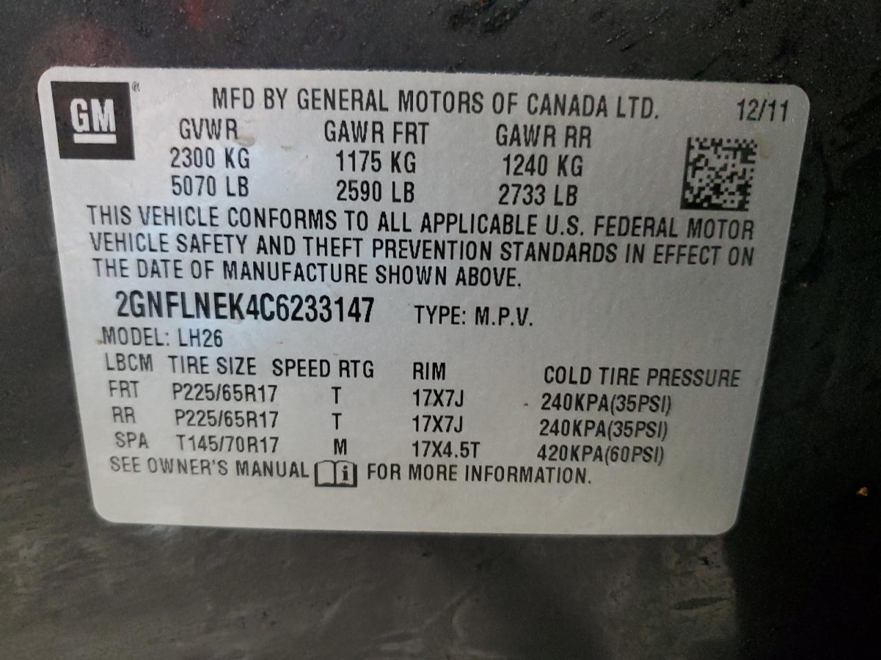 2GNFLNEK4C6233147 2012 Chevrolet Equinox Lt