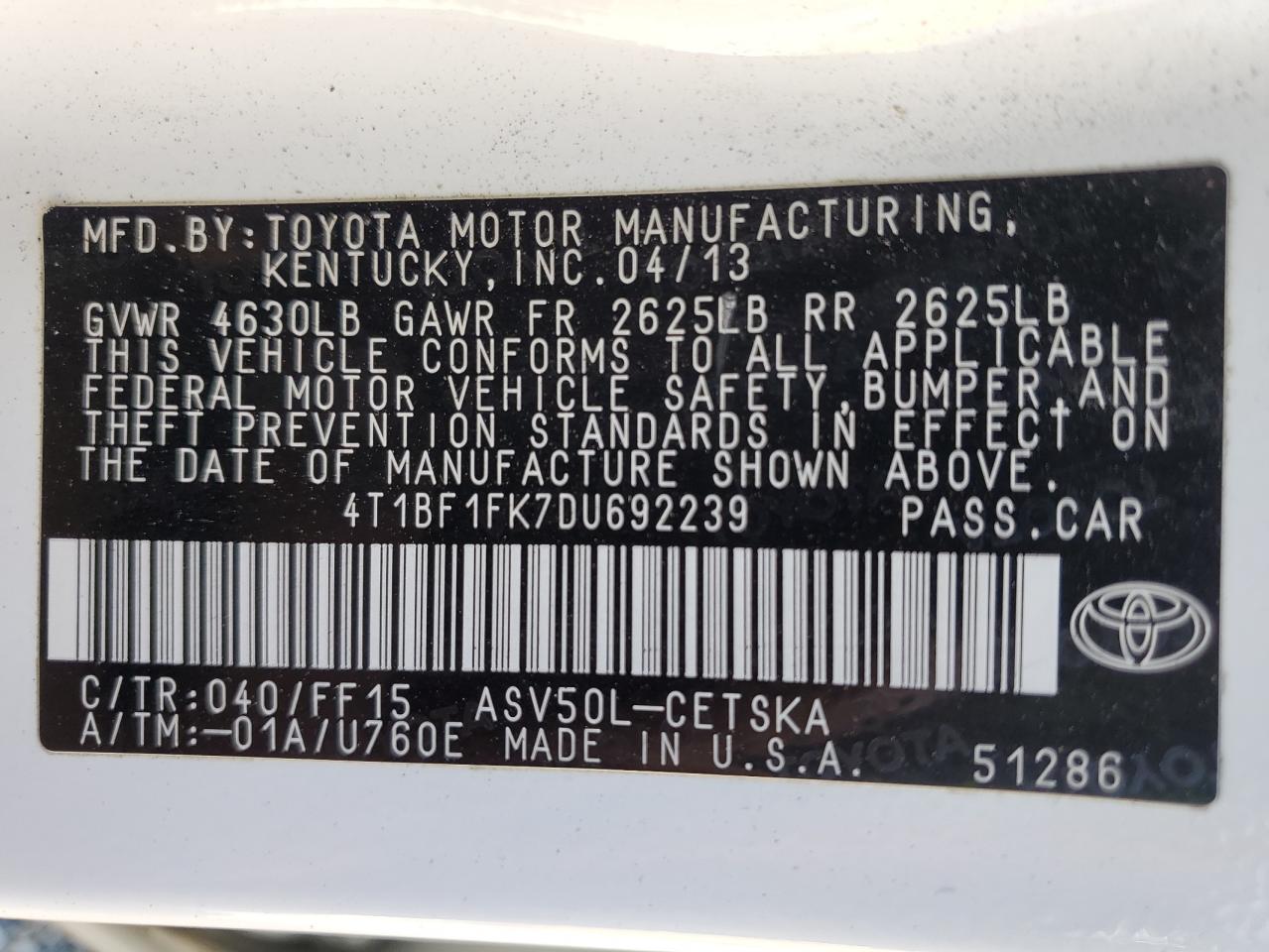 VIN 4T1BF1FK7DU692239 2013 TOYOTA CAMRY no.12