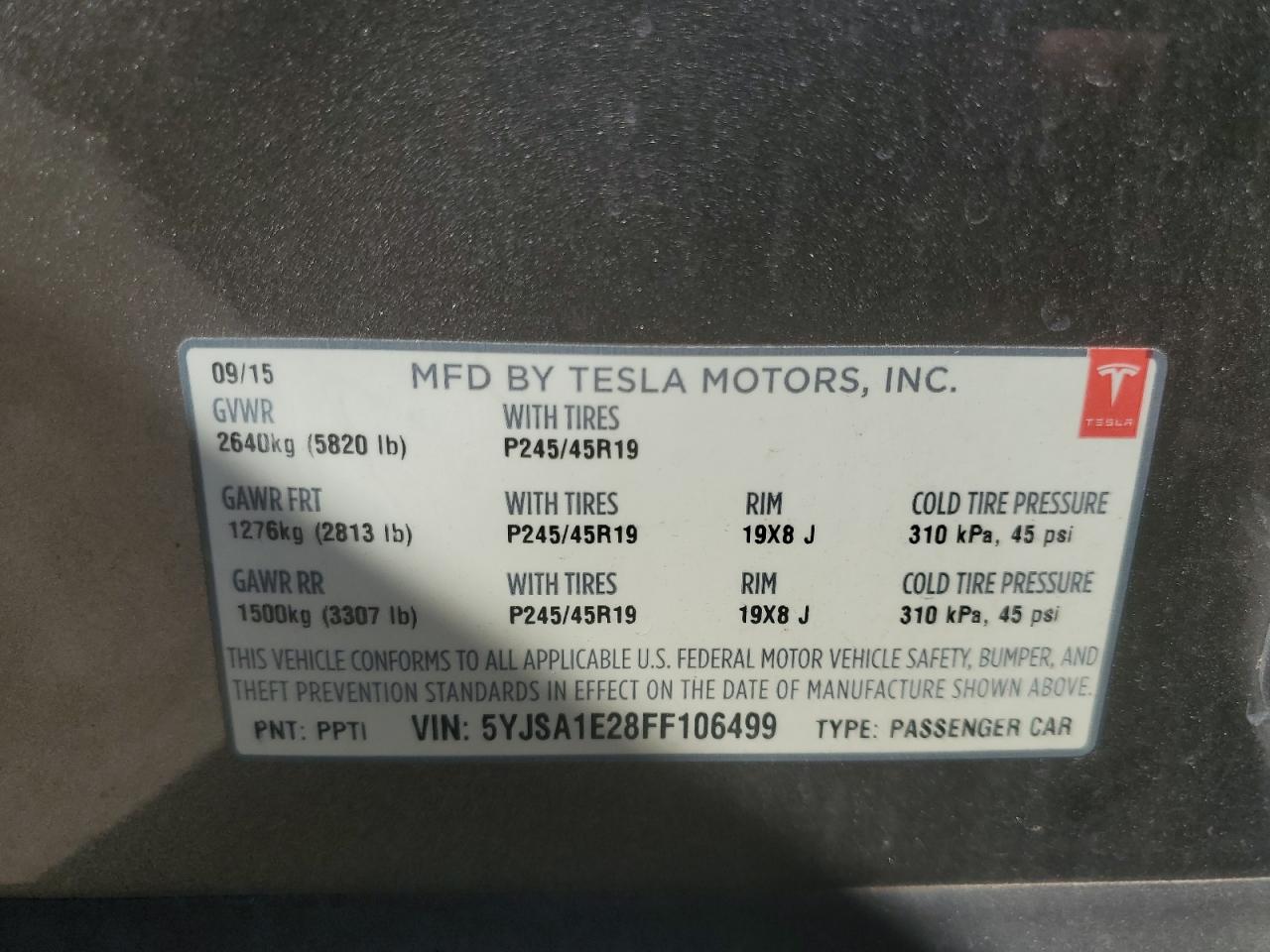 2015 Tesla Model S VIN: 5YJSA1E28FF106499 Lot: 77380494