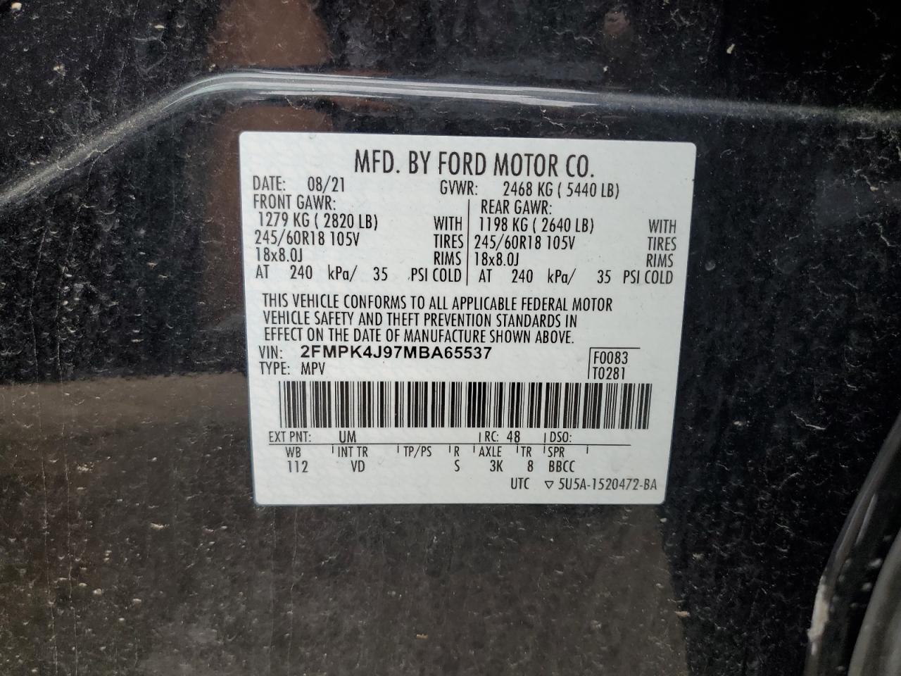 2021 Ford Edge Sel VIN: 2FMPK4J97MBA65537 Lot: 74785254