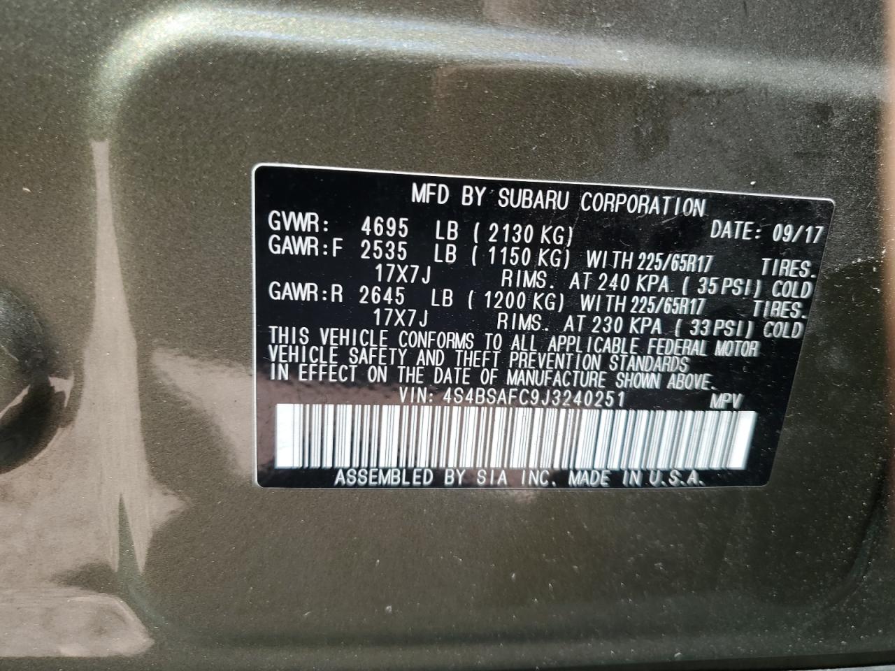 2018 Subaru Outback 2.5I Premium VIN: 4S4BSAFC9J3240251 Lot: 75195214