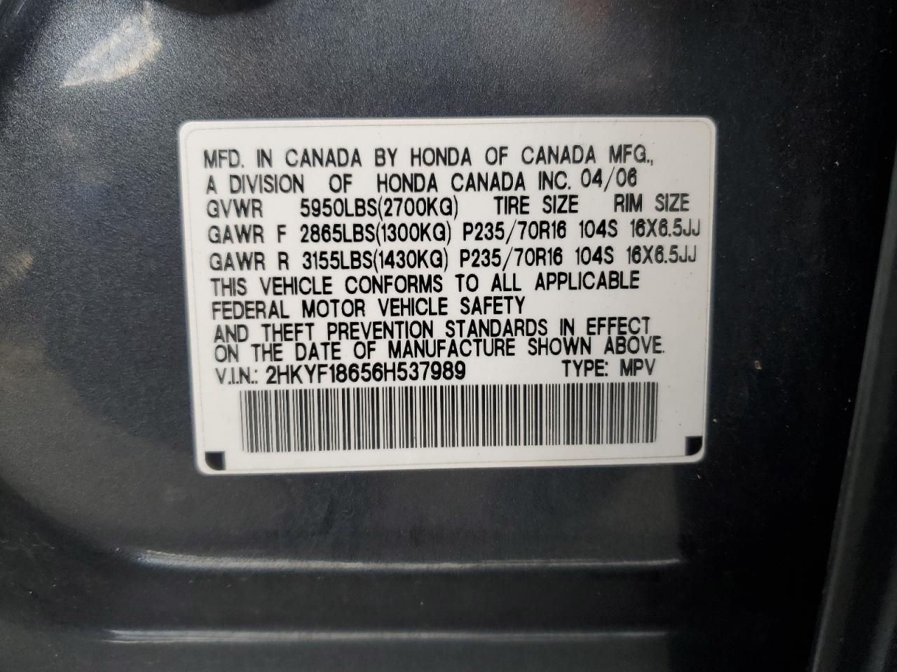 2006 Honda Pilot Ex VIN: 2HKYF18656H537989 Lot: 76283434