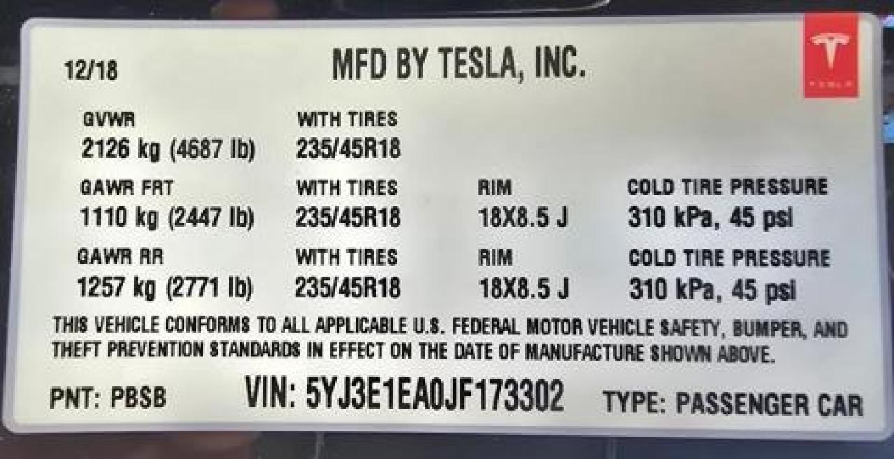 2018 Tesla Model 3 VIN: 5YJ3E1EA0JF173302 Lot: 74129324