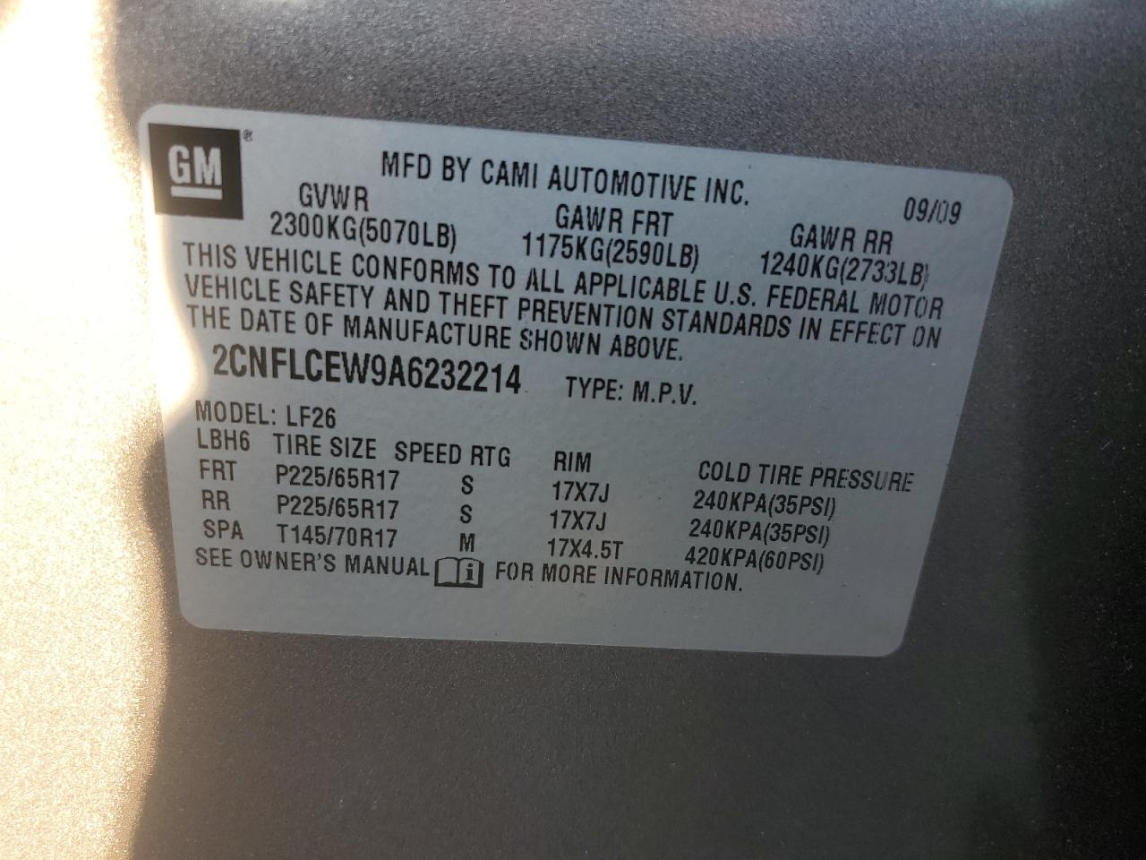 2CNFLCEW9A6232214 2010 Chevrolet Equinox Ls