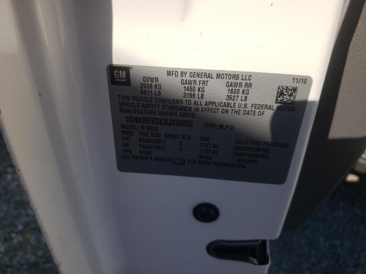 2011 Chevrolet Traverse Ls VIN: 1GNKRFEDXBJ236852 Lot: 74810284