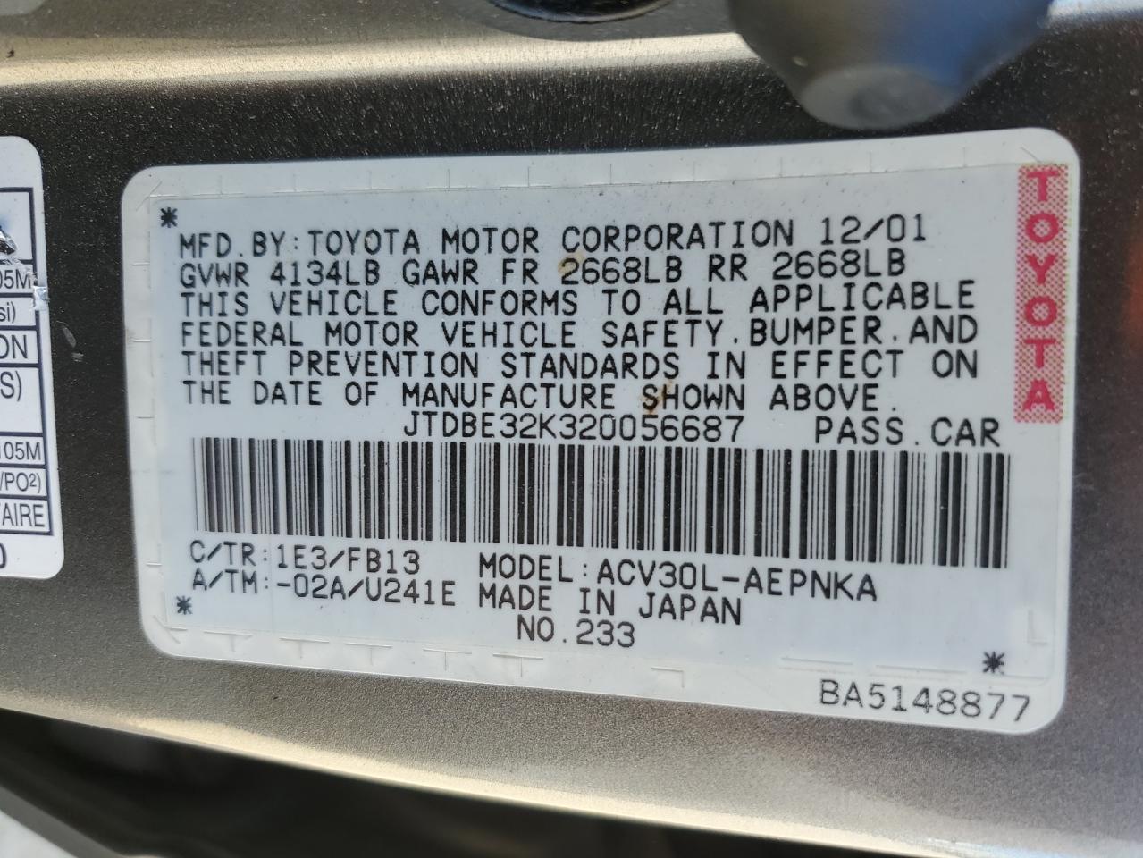 JTDBE32K320056687 2002 Toyota Camry Le