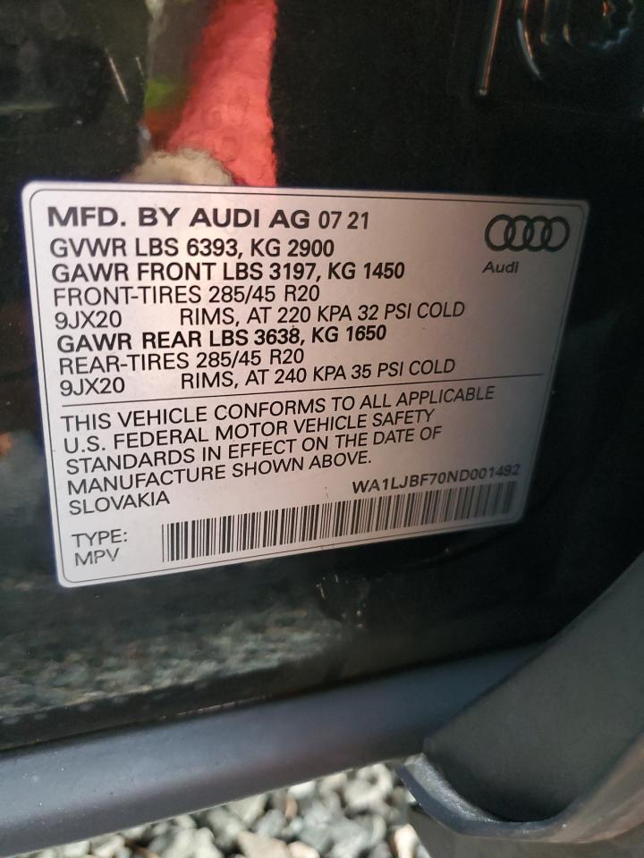 2022 Audi Q7 Premium Plus VIN: WA1LJBF70ND001492 Lot: 73865444