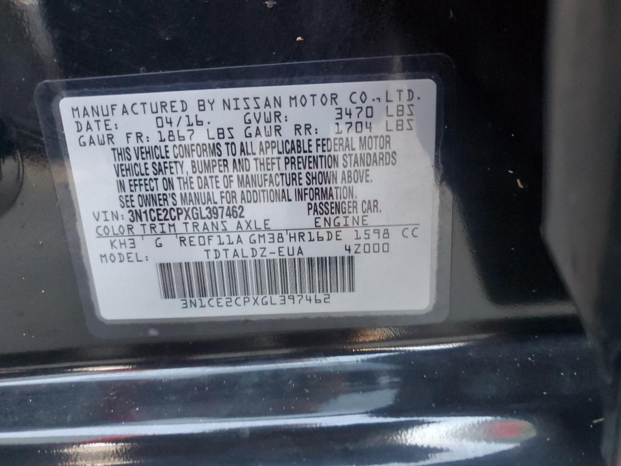 3N1CE2CPXGL397462 2016 Nissan Versa Note S