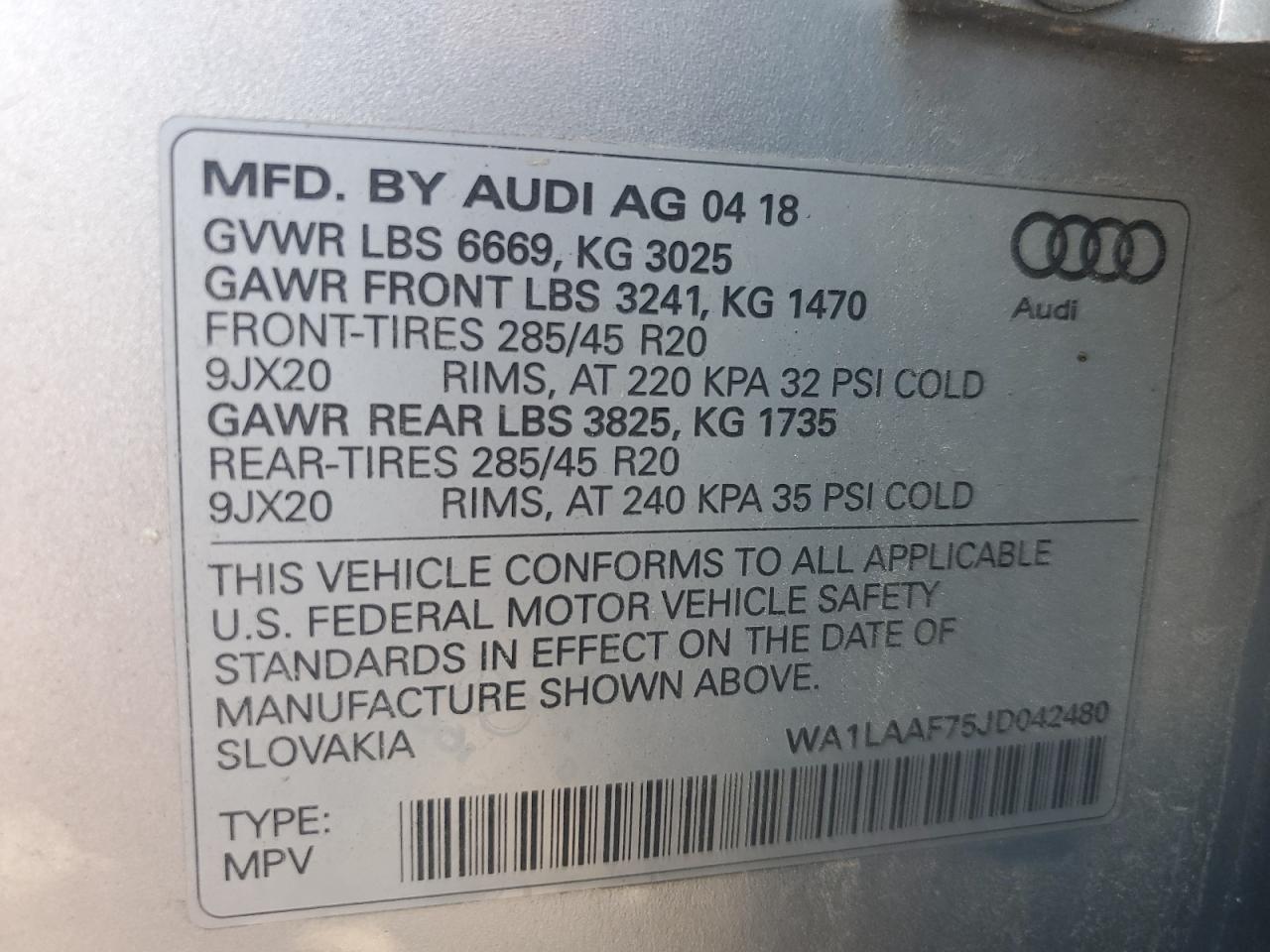 2018 Audi Q7 Premium Plus VIN: WA1LAAF75JD042480 Lot: 75719014