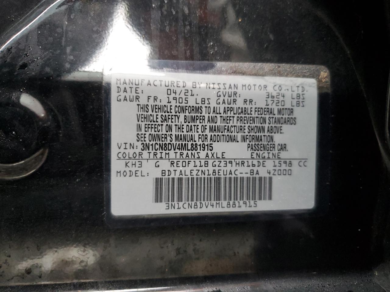 2021 Nissan Versa S VIN: 3N1CN8DV4ML881915 Lot: 74939784