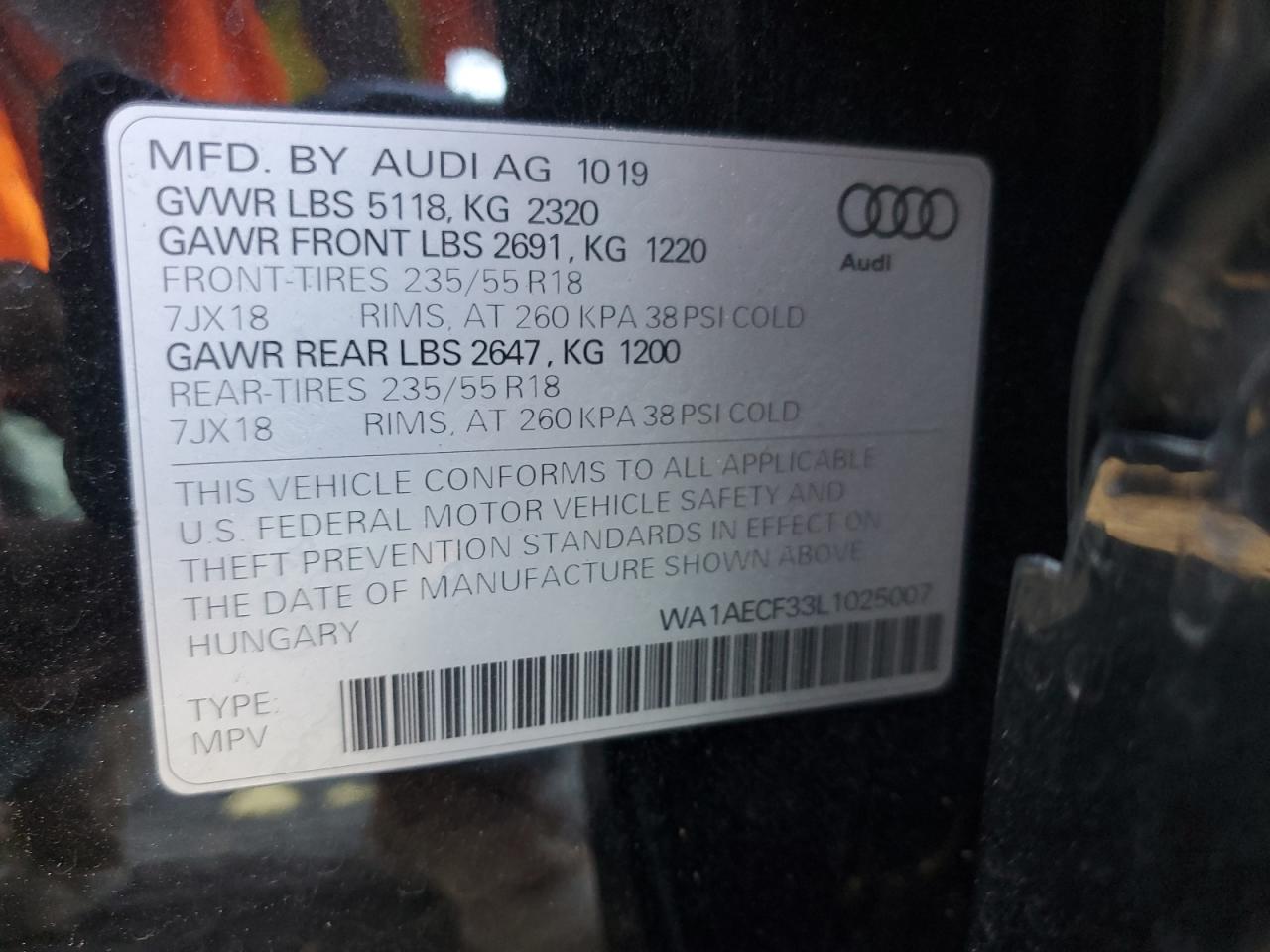 WA1AECF33L1025007 2020 Audi Q3 Premium