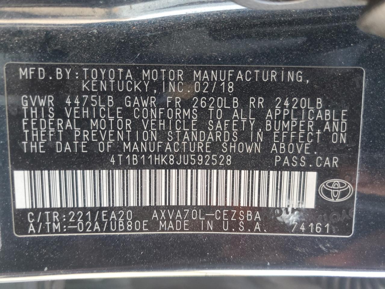 4T1B11HK8JU592528 2018 Toyota Camry L